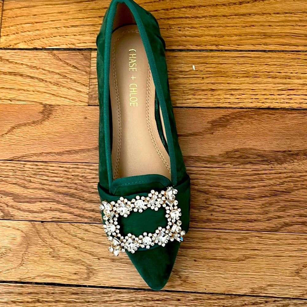 Green suede flats with crystal embellished toe